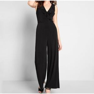 Modcloth Black Surplice Ruffle Refined Sleeveless Wide Leg Jumpsuit Women’s L
